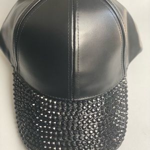 Bling Black Faux Leather Baseball Cap Hat